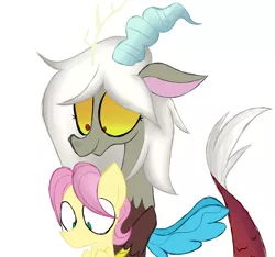 Size: 1600x1500 | Tagged: safe, artist:alandisc, derpibooru import, discord, fluttershy, draconequus, pegasus, pony, bust, butterscotch, discoshy, eris, eriscotch, eyelashes, female, happy, holding a pony, hug, hug from behind, image, male, no pupils, png, rule 63, shipping, simple background, straight, white background