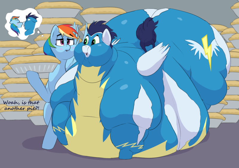Size: 3162x2229 | Tagged: questionable, artist:lupin quill, derpibooru import, rainbow dash, soarin', pegasus, pony, bedroom eyes, belly, bhm, big belly, bingo wings, blushing, butt, clothes, dialogue, double chin, eyes closed, fat, fat fetish, feedee, feeder, female, fetish, food, image, imminent kissing, large butt, male, morbidly obese, multichin, near immobile, obese, oblivious, open mouth, pie, plot, png, ripping clothes, rolls of fat, shipping, soarchub, spread wings, straight, thought bubble, tight clothing, uniform, wardrobe malfunction, weight gain, wingboner, wings, wonderbolts uniform