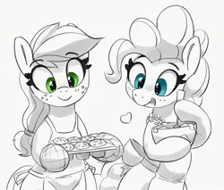 Size: 3029x2578 | Tagged: safe, artist:pabbley, derpibooru import, applejack, pinkie pie, earth pony, pony, apron, baking, bipedal, bowl, clothes, duo, female, floating heart, food, grayscale, hatless, heart, hoof hold, image, jpeg, mare, missing accessory, mixing bowl, monochrome, muffin, neo noir, open mouth, open smile, oven mitts, partial color, simple background, smiling, white background