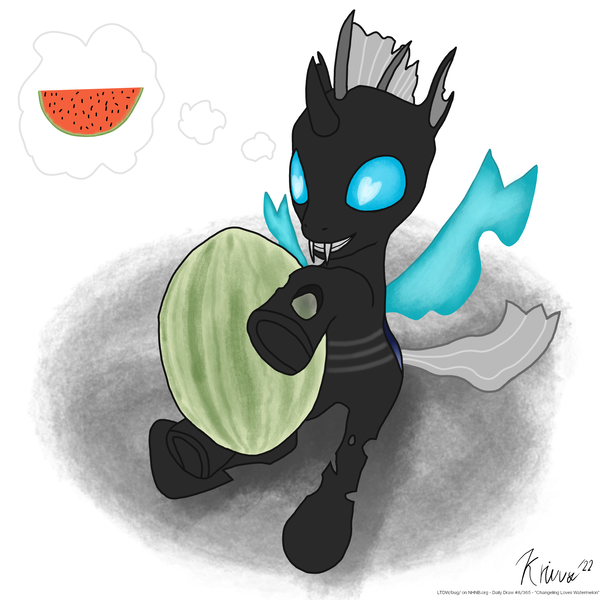 Size: 1920x1920 | Tagged: safe, artist:krivvy, derpibooru import, changeling, series:learning to draw with /bug/, changeling loves watermelon, fangs, food, fruit, grin, happy, heart, heart eyes, holding, image, male, melon, png, signature, simple background, sitting, smiling, solo, spread wings, thought bubble, watermelon, white background, wingding eyes, wings