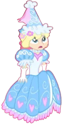 Size: 572x1075 | Tagged: safe, artist:boogeyboy1, derpibooru import, megan williams, human, clothes, dress, dressup, flower, flower in hair, froufrou glittery lacy outfit, gloves, hat, hennin, horrified, image, jewelry, long gloves, necklace, png, princess, scared, shocked, shocked expression, surprised, wat, wtf, wtf face