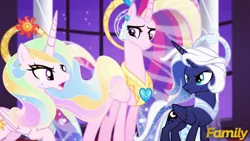 Size: 900x506 | Tagged: dead source, safe, artist:mlpchannelire02, artist:orin331, derpibooru import, edit, edited screencap, screencap, princess cadance, princess celestia, princess luna, alicorn, pony, dancerverse, season 4, twilight's kingdom, alicorn triarchy, alternate design, alternate hairstyle, alternate universe, character swap, colored wings, crown, discovery family, discovery family logo, ethereal mane, ethereal tail, fake screencap, female, folded wings, g4, galaxy mane, galaxy tail, horn, image, jewelry, logo, multicolored hair, multicolored mane, multicolored tail, multicolored wings, older, older princess cadance, png, regalia, royal sisters, siblings, sisters, tail, ultimate cadance, wings