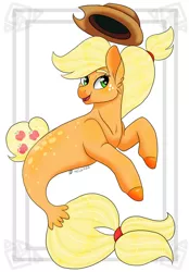 Size: 1280x1840 | Tagged: safe, artist:daynaskully, derpibooru import, applejack, earth pony, pony, seapony (g4), applejack's hat, cowboy hat, cute, digital art, dorsal fin, ear fluff, female, fish tail, flowing mane, flowing tail, freckles, green eyes, hat, image, jpeg, mare, mermay, open mouth, open smile, seaponified, seapony applejack, signature, simple background, smiling, solo, species swap, speedpaint, tail, white background, yellow mane, yellow tail