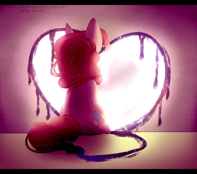 Size: 2377x2100 | Tagged: safe, artist:holomouse, derpibooru import, pinkie pie, earth pony, pony, facing away, female, heart, image, mare, paint brush tail, png, rear view, sitting, solo