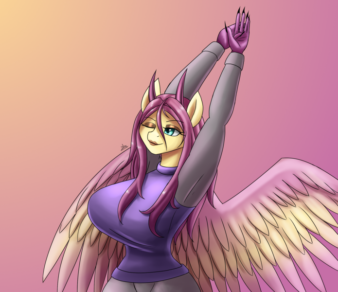 Size: 2200x1900 | Tagged: suggestive, artist:zachc, derpibooru import, oc, oc:lilith, unofficial characters only, anthro, dracony, dragon, hybrid, pegasus, big breasts, breasts, busty oc, clothes, colored wings, commission, commissioner:iv's, eyebrows, eyebrows visible through hair, female, gradient background, high res, huge breasts, image, interspecies offspring, lipstick, multicolored wings, offspring, one eye closed, parent:fluttershy, parent:spike, parents:flutterspike, png, smiling, solo, solo female, spread wings, stretching, sweater, wings