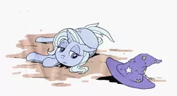 Size: 1280x694 | Tagged: safe, artist:darkhestur, derpibooru import, trixie, pony, unicorn, clothes, depressed, depression, frown, hat, image, lying down, marker, png, sad, simple background, solo, traditional art, trixie's hat, white background