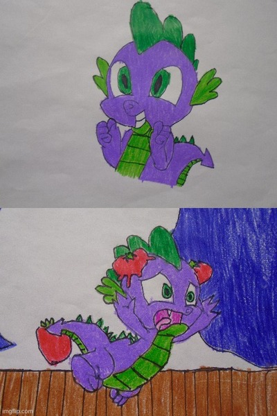 Size: 500x750 | Tagged: safe, alternate version, artist:spikeabuser, spike, dragon, horse play, it ain't easy being breezies, abuse, curtains, drawing, food, full color, image, jpeg, male, scene interpretation, spikeabuse, stage, tomato, tomatoes