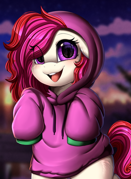 Size: 2601x3549 | Tagged: safe, artist:pridark, derpibooru import, oc, oc:merry, unofficial characters only, earth pony, pony, clothes, commission, earth pony oc, freckles, high res, hoodie, image, looking at you, open mouth, png, ych result