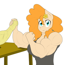 Size: 1484x1367 | Tagged: safe, artist:calm wind, artist:matchstickman, derpibooru import, pear butter, anthro, earth pony, :p, animated, arm wrestling, biceps, flexing, flexing muscles, gif, image, looking at you, muscles, offscreen character, one eye closed, pear buffer, tongue out, wink