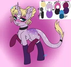 Size: 1875x1755 | Tagged: safe, artist:drawing-assassin-art, derpibooru import, classical unicorn, pony, unicorn, butt freckles, choker, clothes, cloven hooves, derpibooru exclusive, ear piercing, female, freckles, hair bun, image, jewelry, leonine tail, makeup, mare, multicolored coat, piercing, png, reference sheet, socks, stockings, tattoo, thigh highs, tongue out, tongue piercing, unshorn fetlocks