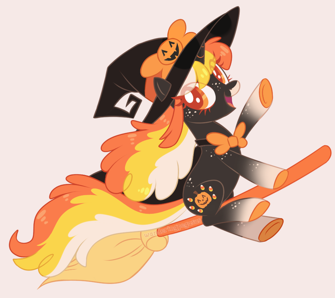 Size: 968x863 | Tagged: safe, artist:wanderingpegasus, derpibooru import, oc, oc:pumpkin brew, unofficial characters only, pony, unicorn, bowtie, broom, cape, clothes, cute, female, flying, flying broomstick, freckles, hat, image, mare, markings, multicolored hair, ocbetes, open mouth, png, simple background, solo, unshorn fetlocks, white background, witch, witch hat