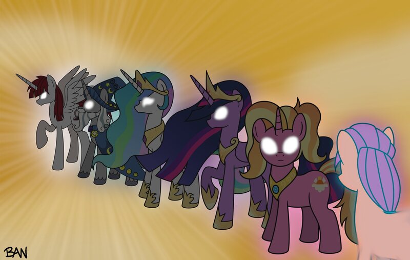 Size: 2500x1584 | Tagged: safe, artist:banquo0, derpibooru import, luster dawn, princess celestia, princess twilight 2.0, star swirl the bearded, sunny starscout, twilight sparkle, twilight sparkle (alicorn), oc, oc:fausticorn, alicorn, earth pony, pony, unicorn, the last problem, avatar the last airbender, beard, crown, facial hair, female, g5, glow, glowing eyes, image, jewelry, jpeg, male, mare, older, older twilight, raised hoof, regalia, stallion