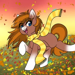 Size: 2000x2000 | Tagged: safe, artist:drawing-assassin-art, derpibooru import, oc, oc:mocha, unofficial characters only, earth pony, pony, autumn, autumn leaves, blank flank, clothes, derpibooru exclusive, earth pony oc, facial markings, falling leaves, femboy, grass, image, leaf, leaves, male, open mouth, open smile, outdoors, png, raised hoof, raised leg, scarf, smiling, stallion, sunset, two toned coat, two toned mane
