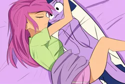 Size: 1972x1333 | Tagged: safe, artist:franklin, derpibooru import, sunny starscout, twilight sparkle, equestria girls, my little pony: a new generation, bed, body pillow, g5, green t-shirt, image, jpeg, sleeping