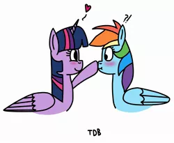 Size: 2347x1926 | Tagged: safe, artist:twidasherboop, derpibooru import, rainbow dash, twilight sparkle, alicorn, pegasus, 100th piece of art, :|, blushing, boop, confused, exclamation point, female, happy, heart, image, jpeg, large wings, lesbian, question mark, raised hoof, shipping, signature, simple background, smiley face, surprised, twidash, white background, wings