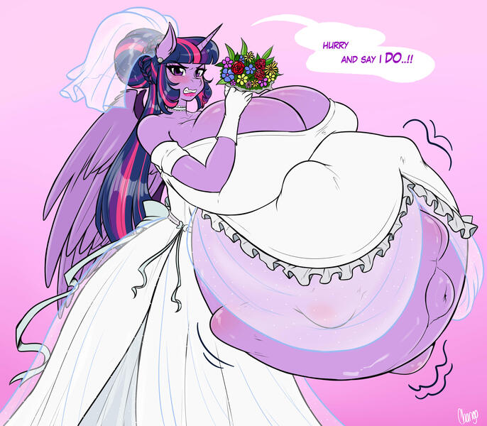 Size: 4800x4200 | Tagged: questionable, artist:chango-tan, derpibooru import, twilight sparkle, twilight sparkle (alicorn), alicorn, anthro, absurd resolution, alternate hairstyle, angry, belly, belly button, big belly, big breasts, breasts, bulges, busty twilight sparkle, choker, cleavage, clothes, commission, dialogue, dress, ear piercing, earring, gloves, gradient background, gritted teeth, huge belly, huge breasts, hyper, hyper belly, hyper pregnancy, image, implied big macintosh, implied shipping, implied straight, implied twimac, impossibly large belly, impossibly large breasts, jewelry, jpeg, kicking, lipstick, outie belly button, piercing, preglight sparkle, pregnant, shoulderless, speech bubble, talking to viewer, teeth, wedding dress