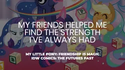 Size: 1280x720 | Tagged: safe, derpibooru import, edit, editor:quoterific, idw, applejack, princess luna, rarity, twilight sparkle, alicorn, earth pony, pony, unicorn, ^^, applejack's hat, cowboy hat, cute, eyes closed, female, filly, filly applejack, filly rarity, filly twilight sparkle, grin, hat, image, jackabetes, jpeg, magic, mare, open mouth, open smile, raribetes, smiling, telekinesis, text, the futures past, twiabetes, unicorn twilight, younger