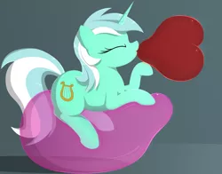 Size: 6768x5319 | Tagged: safe, artist:mizhisha, derpibooru import, lyra heartstrings, pony, unicorn, balloon, balloon sitting, blowing up balloons, eyes closed, female, image, mare, png, requested art, simple background, solo, solo female