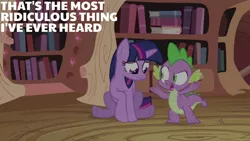 Size: 1280x720 | Tagged: safe, derpibooru import, edit, edited screencap, editor:quoterific, screencap, spike, twilight sparkle, dragon, pony, unicorn, lesson zero, season 2, duo, duo male and female, female, golden oaks library, image, jpeg, library, male, mare, open mouth, text, unicorn twilight