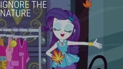 Size: 1280x720 | Tagged: safe, derpibooru import, edit, edited screencap, editor:quoterific, screencap, rarity, equestria girls, equestria girls series, street chic, spoiler:eqg series (season 2), bracelet, clothes, cutie mark, cutie mark on clothes, eyes closed, female, geode of shielding, hairpin, hand on hip, image, jewelry, jpeg, magical geodes, open mouth, open smile, rarity peplum dress, smiling, solo, text