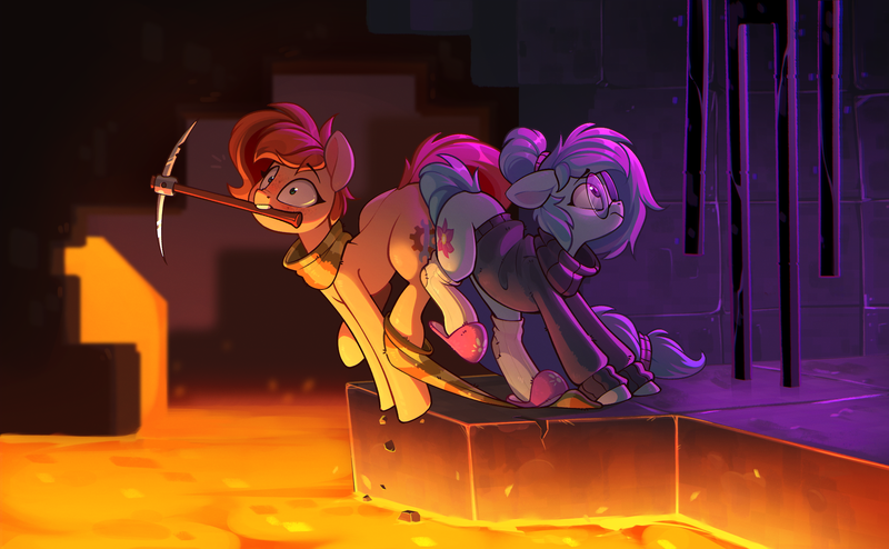 Size: 2472x1528 | Tagged: safe, artist:rexyseven, derpibooru import, oc, oc:rusty gears, oc:whispy slippers, unofficial characters only, earth pony, enderman, pony, accident, butt bump, butt to butt, butt touch, clothes, digital art, falling, female, glasses, image, imminent death, lava, mare, minecraft, open mouth, pickaxe, png, round glasses, scared, scarf, slippers, socks, striped scarf, striped socks, sweater, this will end in death