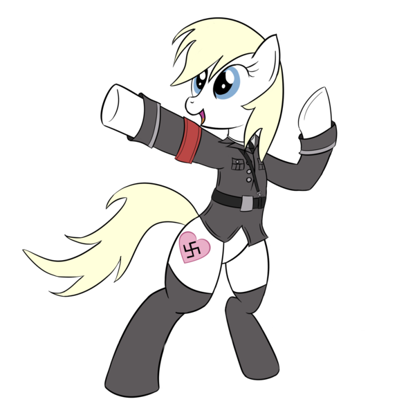Size: 2000x2000 | Tagged: safe, artist:sethisto, edit, ponerpics import, oc, oc:aryanne, unofficial characters only, earth pony, pony, armband, belt, bipedal, clothes, female, heil, image, nazi, necktie, open mouth, png, simple background, socks, solo, standing, transparent background, uniform
