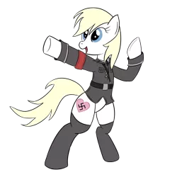 Size: 2000x2000 | Tagged: safe, artist:sethisto, edit, ponerpics import, oc, oc:aryanne, unofficial characters only, earth pony, pony, armband, belt, bipedal, clothes, female, heil, image, nazi, necktie, open mouth, png, simple background, socks, solo, standing, transparent background, uniform