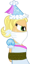 Size: 483x1010 | Tagged: safe, artist:robukun, derpibooru import, equestria girls, angry, bondage, bound and gagged, cloth gag, clothes, damsel in distress, dress, dressup, froufrou glittery lacy outfit, gag, glare, hat, hennin, image, jewelry, necklace, png, princess, princess applejack, rope, rope bondage, ropes, tied up