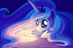 Size: 1754x1158 | Tagged: safe, artist:joellethenose, derpibooru import, princess luna, alicorn, firefly (insect), insect, pony, 2014, beautiful, crown, cute, ethereal mane, female, hooves on the table, horn, image, jar, jewelry, long horn, long mane, looking at something, lunabetes, lying, lying down, mare, png, prone, regalia, signature, smiling, solo, starry eyes, starry mane, sweet dreams fuel, wingding eyes