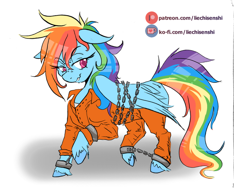 Size: 1700x1363 | Tagged: safe, derpibooru import, rainbow dash, pegasus, pony, chains, clothes, cuffs, image, jail, my little pony, orange jumpsuit, png, prison, prison jumpsuit, prison outfit, prisoner, shackles