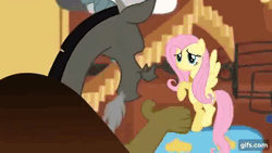 Size: 640x360 | Tagged: safe, derpibooru import, screencap, discord, fluttershy, draconequus, pegasus, pony, keep calm and flutter on, animated, duo, female, flying, gif, gifs.com, image, male, mare, raspberry, tongue out, watermark