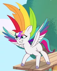 Size: 514x640 | Tagged: safe, derpibooru import, screencap, zipp storm, pegasus, pony, my little pony: tell your tale, spoiler:g5, spoiler:my little pony: tell your tale, spoiler:tyts01e22, alternate hairstyle, cropped, female, g5, grin, image, mare, multicolored hair, png, rainbow hair, smiling, solo, spread wings, wings, zipp's yes day