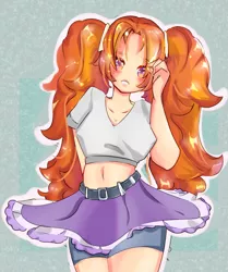 Size: 2007x2400 | Tagged: safe, artist:aemir-art, derpibooru import, adagio dazzle, human, belly button, belt, clothes, compression shorts, female, humanized, image, midriff, open mouth, pigtails, png, short shirt, skirt, solo, twintails