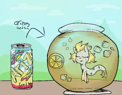 Size: 626x487 | Tagged: safe, artist:cherro, derpibooru import, oc, oc:flo, unofficial characters only, sea pony, arizona iced tea, can, fish bowl, food, ice, image, lemon, png, solo