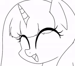 Size: 640x562 | Tagged: safe, artist:namaenonaipony, derpibooru import, oc, unofficial characters only, pony, unicorn, ^^, black and white, bust, eye clipping through hair, eyes closed, female, grayscale, horn, image, jpeg, mare, monochrome, open mouth, open smile, portrait, simple background, smiling, solo, white background