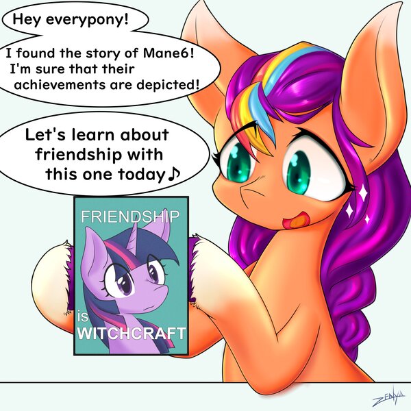 Size: 4096x4096 | Tagged: safe, artist:zemlya, derpibooru import, sunny starscout, twilight sparkle, earth pony, pony, friendship is witchcraft, coat markings, dialogue, english, eye clipping through hair, female, g5, hoof hold, image, jpeg, looking at something, mare, music notes, open mouth, open smile, simple background, smiling, socks (coat marking), sparkles, speech bubble, this will end in tears, uh oh, white background