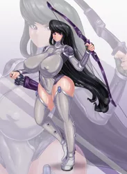 Size: 880x1200 | Tagged: suggestive, artist:fenrox, derpibooru import, octavia melody, human, arrow, belly button, big breasts, bow, breasts, busty octavia melody, clothes, commission, fingerless gloves, gloves, huge breasts, humanized, image, jpeg, kunoichi, long gloves, nipples, nudity, zoom layer