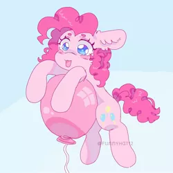 Size: 2000x2000 | Tagged: safe, artist:funnyhat12, derpibooru import, pinkie pie, earth pony, pony, balloon, ear fluff, floating, floppy ears, flying, image, jpeg, solo, then watch her balloons lift her up to the sky, tongue out