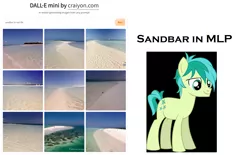 Size: 1492x924 | Tagged: safe, artist:thegamerpainter, craiyon, dall·e mini, derpibooru import, machine learning generated, sandbar, earth pony, pony, beach, caption, comparison, image, irl, machine learning abomination, meme, photo, png, solo, text, what has science done, wtf