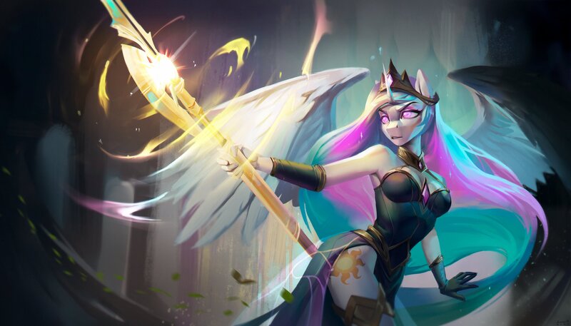 Size: 4096x2340 | Tagged: safe, artist:annna markarova, derpibooru import, diamond tiara, princess celestia, alicorn, anthro, pony, crown, eyes open, image, jewelry, jpeg, long mane, magic, regalia, side slit, solo, spread wings, staff, wings