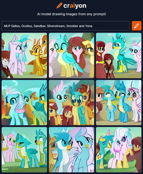 Size: 760x926 | Tagged: safe, craiyon, dall·e mini, derpibooru import, machine learning generated, gallus, ocellus, sandbar, silverstream, smolder, yona, changedling, changeling, classical hippogriff, dragon, earth pony, gryphon, hippogriff, pony, yak, image, png, student six