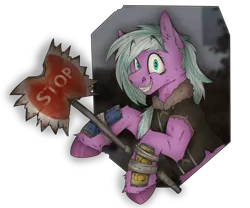 Size: 3000x2500 | Tagged: semi-grimdark, artist:molars, derpibooru import, oc, oc:nife fite, unofficial characters only, earth pony, fallout equestria, apocalypse, ashes town, axe, bandage, blood, clothes, colored hooves, fallout equestria oc, image, insane smile, insanity, jacket, long mane, looking at you, pink fur, png, raider, raider armor, raiders, shinpads, simple background, smiling, solo, stop sign, teeth, transparent background, unshorn fetlocks, weapon