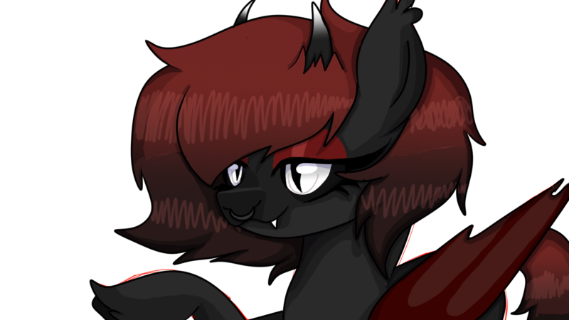 Size: 1366x768 | Tagged: safe, artist:egodeath, derpibooru import, edit, edited screencap, screencap, oc, oc:egodeath, unofficial characters only, bat pony, demon, demon pony, original species, black sclera, gradient mane, image, nose piercing, piercing, png, pointing, septum piercing, silly, simple background, snaggletooth, solo, transparent background, unshorn fetlocks, white eyes