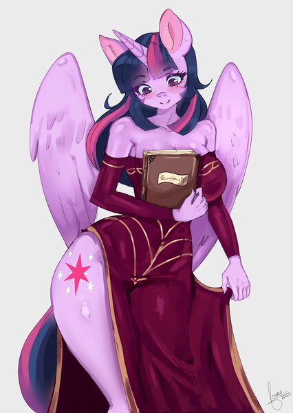 Size: 1995x2812 | Tagged: safe, artist:mrscurlystyles, derpibooru import, twilight sparkle, twilight sparkle (alicorn), alicorn, anthro, big breasts, book, breasts, cleavage, clothes, detached sleeves, dress, female, image, jpeg, smiling, solo