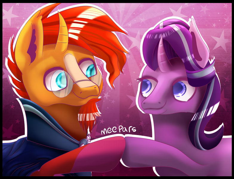 Size: 1024x784 | Tagged: safe, artist:meepars, derpibooru import, starlight glimmer, sunburst, pony, unicorn, duo, female, image, looking at each other, looking at someone, male, mare, png, stallion