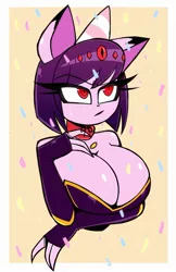 Size: 1525x2349 | Tagged: suggestive, artist:nelljoestar, derpibooru import, oc, oc:cassey, unofficial characters only, cat, equestria girls, big breasts, breasts, bust, busty oc, catgirl, cleavage, clothes, female, hat, image, jpeg, party hat, simple background, solo, solo female, sweat, white background