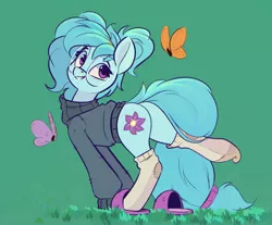 Size: 1208x999 | Tagged: safe, artist:rexyseven, derpibooru import, oc, oc:whispy slippers, butterfly, earth pony, insect, pony, clothes, female, image, mare, png, socks, solo