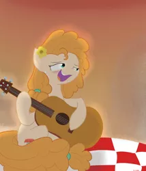 Size: 3000x3500 | Tagged: safe, artist:reinbou, derpibooru import, pear butter, earth pony, pony, the perfect pear, guitar, image, jpeg, light, musical instrument, singing, solo