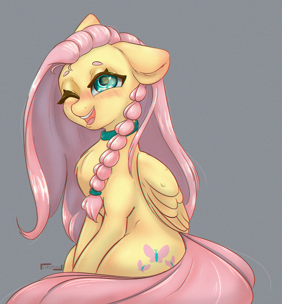 Size: 1200x1293 | Tagged: safe, artist:inkypuso, derpibooru import, fluttershy, pegasus, pony, female, floppy ears, folded wings, gray background, image, jpeg, mare, one ear down, one eye closed, open mouth, signature, simple background, sitting, solo, wings