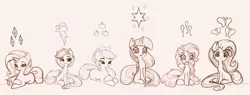 Size: 1199x456 | Tagged: safe, artist:inkypuso, derpibooru import, applejack, fluttershy, pinkie pie, rainbow dash, rarity, twilight sparkle, twilight sparkle (alicorn), alicorn, earth pony, pegasus, pony, unicorn, applejack's hat, cowboy hat, cutie mark, female, folded wings, freckles, hat, horn, image, jpeg, lying down, mane six, mare, monochrome, open mouth, open smile, prone, signature, simple background, sitting, sketch, smiling, wings